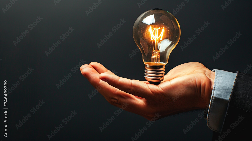 businessman holding a glowing light bulb in hand, innovative business idea concept, creative thinking business innovation, copy space businessman holding a glowing light bulb in hand, innovative business idea concept, creative thinking business innovation, copy space