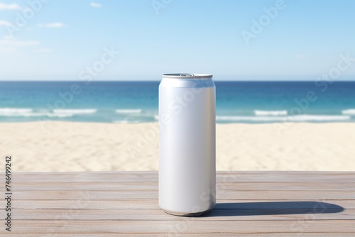 Blank Beverage Can Mockup on Sandy Beach at Sunset