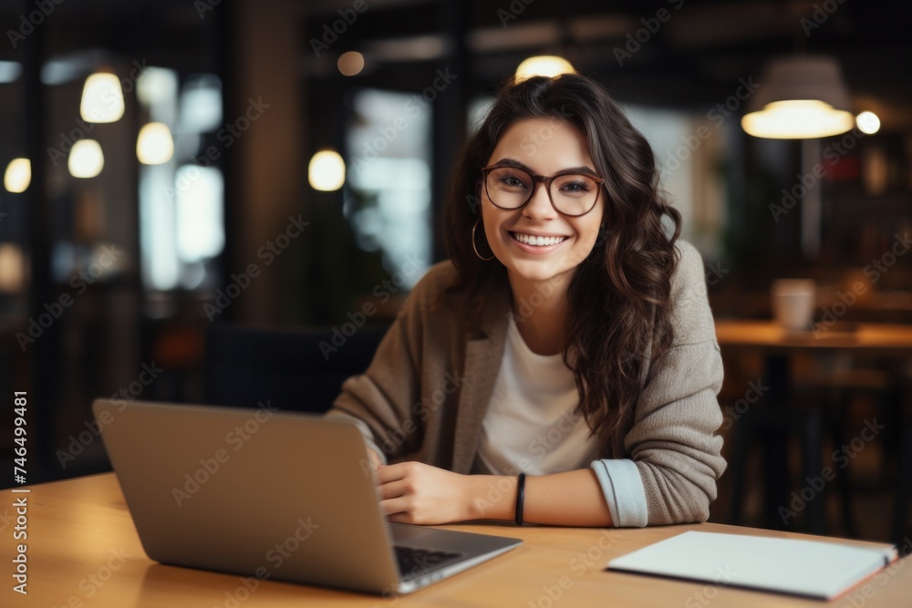 Cheerful woman in casual clothes and glasses sitting at table with laptop and looking at camera while working Cheerful woman in casual clothes and glasses sitting at table with laptop and looking at camera while working