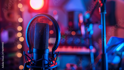 A professional studio microphone  set against a vibrant bokeh of studio lights  awaits the performance of a vocalist in a recording session.