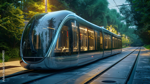 A modern tram glides through a lush urban track, embodying eco-friendly public transportation in a serene, green city environment