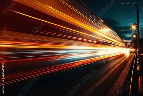 Cars lights on the road at night time. Timelapse, hyperlapse of transportation. Motion blur, light trails, abstract soft glowing lines, Generative AI