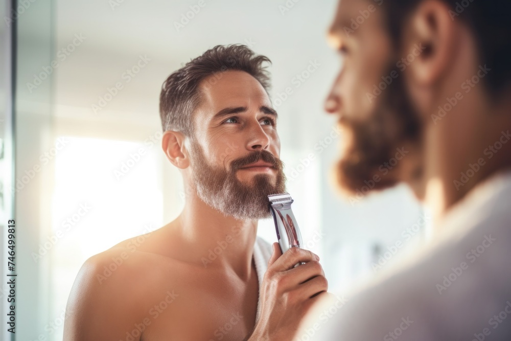A man grooms a man's beard and shaves it with a hair clipper while looking at his reflection in the mirror during his daily routine in a small bathroom at home. - obrazy, fototapety, plakaty 