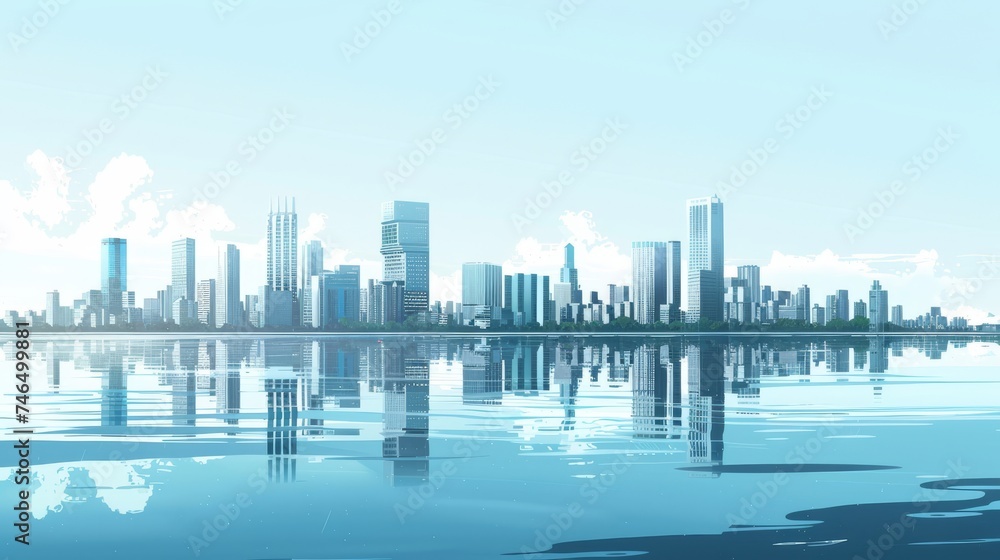 Futuristic Cityscape Anime Background - Minimalist Silver & Blue
