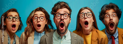 A group of surprised people with glasses and shocked faces on a blue background banner with copy space area for copy text