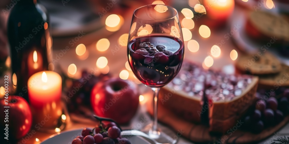 Elegant dinner table with wine and candles in warm light Elegant dinner table with wine and candles in warm light