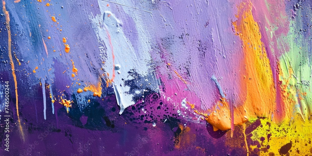 Purple, pink, magenta, white, yellow painted grunge plaster wall surface background with colorful drips, flows, streaks of paint and paint sprays, Generative AI