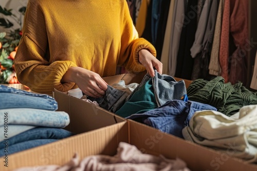 Woman sorting clothes and packing into cardboard box. Donations for charity, help low income families, declutter home, sell online, moving moving into new home, Generative AI