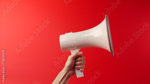 White  Hand holding a megaphone in red background. marketing, advertising, and sales concepts. Generative AI