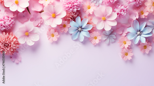 Background banner decorated with various colored flowers  pastel background with free space Ideas for placing products against beautiful backgrounds