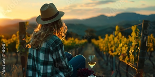 Woman enjoying sunset in a vineyard with a glass of wine photo
