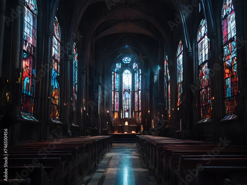 Church With Stained Glass Windows and Pews  A Beautiful Place of Worship and Reflection Created With Generative AI Technology