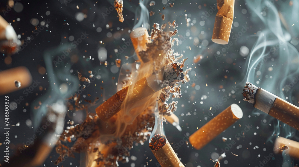 Broken Cigarette: Show a broken or crushed cigarette to symbolize quitting or rejecting tobacco use. Generative AI - obrazy, fototapety, plakaty 