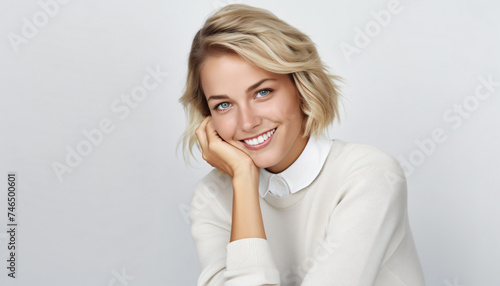 Portrait of a young model smiling with blonde hair. Natural look. Model for fashion, beauty or health or lifestyle products, product or services advertising, marketing. Testimonial. White background.