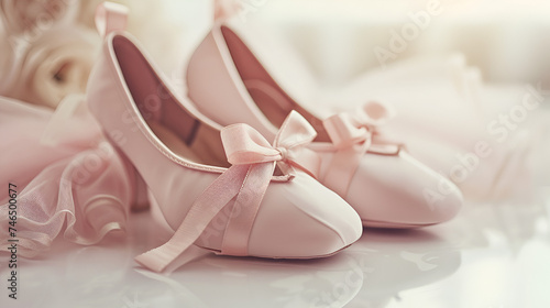 Ballet shoes with strips bow isolated on white graceful background with copy space, generative ai 