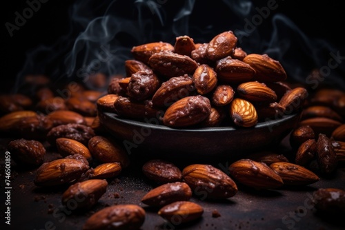 Almond top view on old dark vintage style background. Almonds in a wooden bowl and a wooden spoon and nuts are laid freely. Healthy food and snacks organic vegetarian food. Free space for your text.