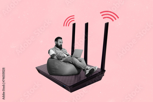 Full length body size creative collage of serious busy freelancer man pass deadlines online work fast 5g wifi router isolated on pink color background