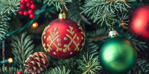 Decorated Christmas tree with colorful ornaments close-up