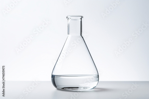 Transparent chemicals in lab flask on a white table. Scientific experimentation setup for research and analysis.