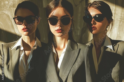  A business center is surrounded by three petite serious and stylish girls wearing business suits and sunglasses