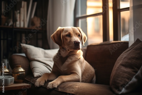 Cute Labrador lying on a comfortable sofa in a modern bright living room. © Tatiana