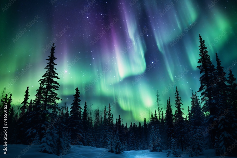 Aurora Night sky with northern lights over winter mountains.