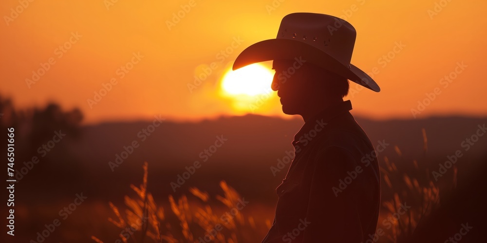 Silhouetted cowboy at sunset in peaceful countryside Silhouetted cowboy at sunset in peaceful countryside