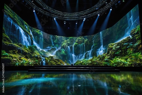 Earth day concept showing in hall on large screen with a waterfall on it, projection mapping, beautiful environment, giant led screens, avatar landscape.  photo