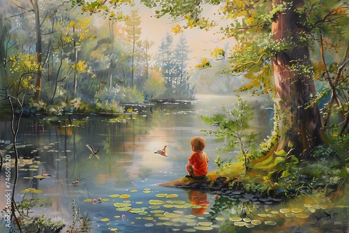 A contented child enjoying a lovely woodland nature and lake environment