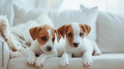 Two cute purebred puppies lie on a comfortable sofa in a modern, bright living room. © Tatiana