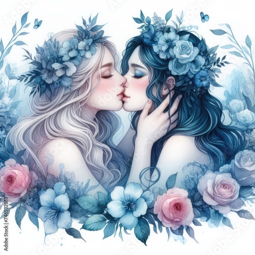 Colorful Affection  Embracing Diversity in a Watercolor Kiss Between Girls