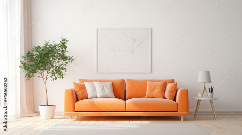 Elegant Living Room with Bright Orange Sofa and Minimalistic Decor Elegant Living Room with Bright Orange Sofa and Minimalistic Decor