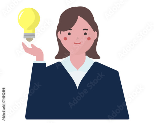 電球を持って説明をする女性。ベクターイラスト	
