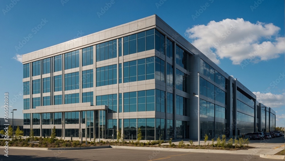 Modern office or factory building exterior view with clear blue sky in the background.