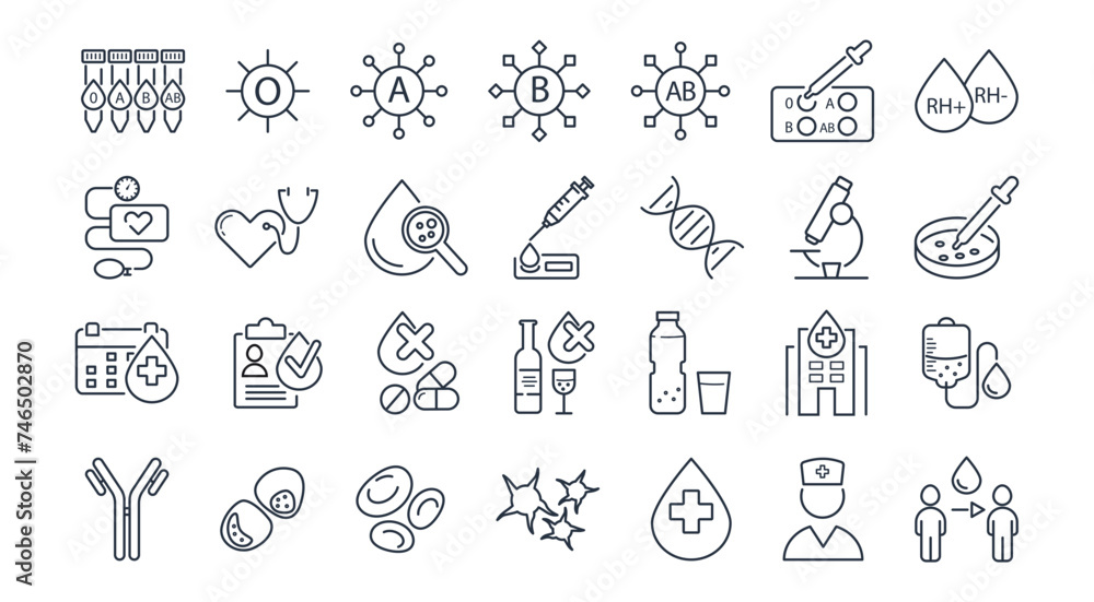 Blood donate line icons set. Rhesus factor, antigen, red, white blood cells, microscope, blood pressure monitor, donor, medical, heart,care, health vector illustration Editable Strokes.