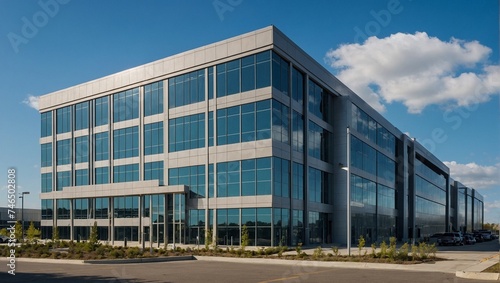 Modern office or factory building exterior view with clear blue sky in the background.
