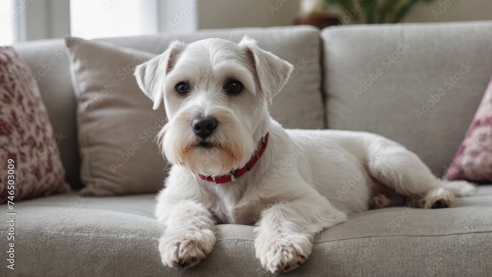 White miniature schnauzer dog lying on sofa at home White miniature schnauzer dog lying on sofa at home