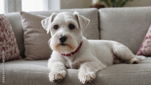 White miniature schnauzer dog lying on sofa at home