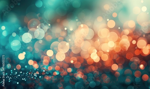 Abstract blur bokeh banner background. Silver bokeh on defocused teal green and coral colors background, Generative AI