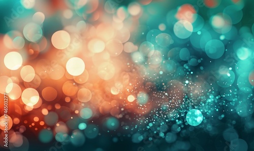 Abstract blur bokeh banner background. Silver bokeh on defocused teal green and coral colors background, Generative AI