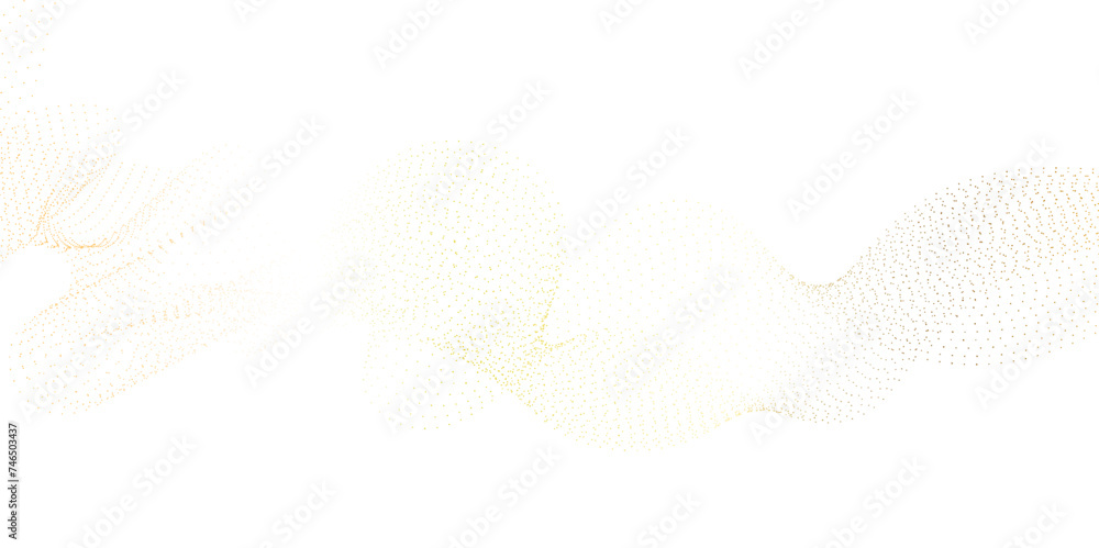 Abstract flowing golden dots particles wave curved lines on transparent background. Golden halftone gradient smooth curve line shape. Design for frequency sound, technology, science, banner, business.