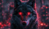 A steel-bodied, multi-headed wolf, eyes glowing with neon, guarding a digital blockchain core in a high-tech lair