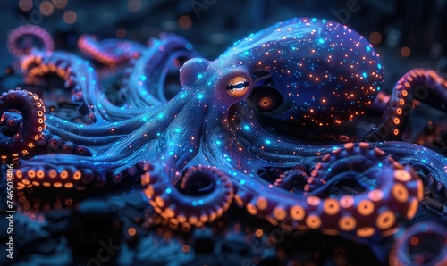 A cybernetic octopus, its tentacles interfaced with blockchain nodes, stealthily navigating a digital ocean as an assassin of data breaches photo