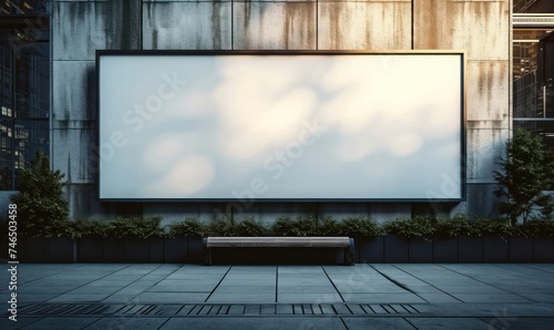 Blank white horizontal billboard on building wall. Mockup advertising board, digital display, showcase with urban background, Generative AI