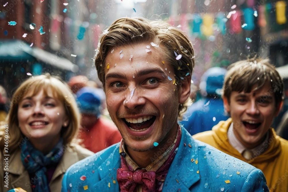 a man in a blue jacket and bow tie is surrounded by confetti, full color celebrating April Fool day.  - obrazy, fototapety, plakaty 