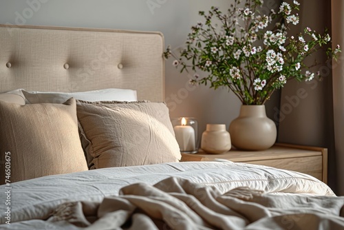 Modern house interior details. Simple cozy beige bedroom interior with bed headboard, linen bedding, bedside table and natural decorations, closeup. Generative AI photo