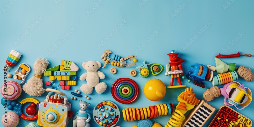 Baby kids toys on light blue background. Colorful educational wooden, plastic, fluffy and musical toys. Top view, flat lay, Generative AI