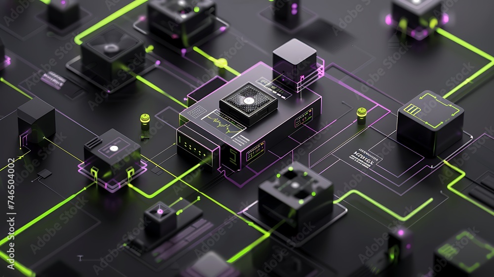 close-up black processor cube MediaTek in purple neon power lines, power, energy, contrast colors. Generative Ai close-up black processor cube MediaTek in purple neon power lines, power, energy, contrast colors. Generative Ai