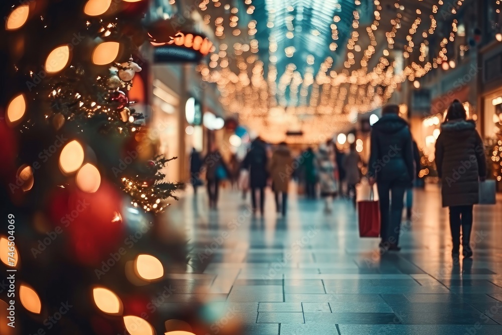 Shopping mall decorated for Christmas time. Crowd of people looking for presents and preparing for the holidays. Abstract blurred defocused image background. Christmas holiday, Xmas, Generative AI