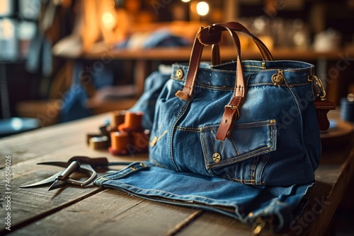 Handbag made from old jeans on dressmaker table. DIY, denim upcycling, using old jeans, upcycle denim stuff. Sustainable lifestyle, hobby, crafting, recycling, zero waste, Generative AI